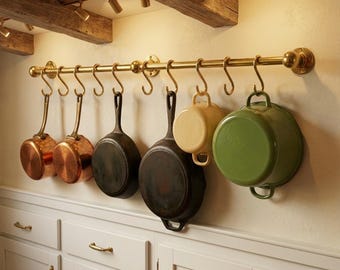 Unlacquered Solid Brass Pot Rail with S Hooks - Wall Mounted Kitchen Pot Rack - Brass Kitchen Organizer for Pots & Pans