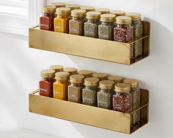 Organizador de especias de latón macizo hecho a mano – Estante de especias de latón sin lacar para montaje en pared, ideal para especias, refrigerador y horno.