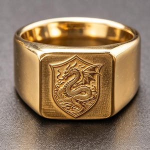 May include: A gold-toned signet ring featuring a flat, square face with an engraved shield design. The shield contains a detailed depiction of a dragon with wings and a long, coiled tail. The band is smooth, polished, and has a wide, solid construction.