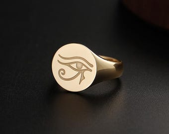 Anillo de sello Ojo de Horus de oro de 18 quilates - Promesa matrimonial de la mitología egipcia Unisex