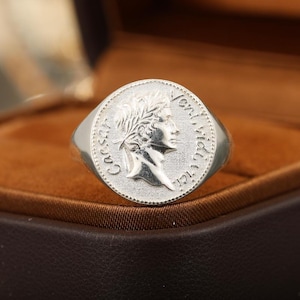 Anillo de platino Pt950 con moneda de plata César - Anillo personalizado para hombre Veni Vidi Vici