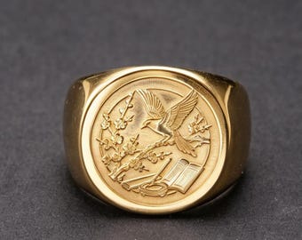 Pierścień z kwiatem śliwy i sroką 14K Scholar Success Promise Finger