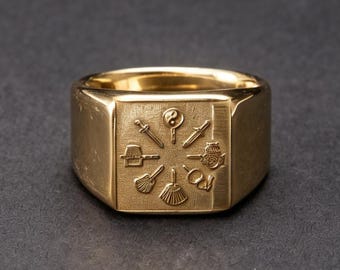 Tybetański pierścień z ośmioma symbolami pomyślności wykonany ze złota 18K, grawerowany ręcznie, unisex