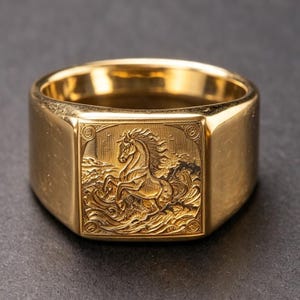 May include: A gold signet ring featuring a square face with an intricate, raised engraving of a horse rearing up amidst stylized waves. The band is smooth and polished, with a wide profile and a consistent metallic gold finish throughout the piece.