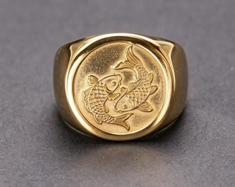 Pierścień z podwójną rybą Koi Dragon Gate ze złota 18K z motywem pomyślnej ryby