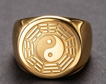 Starożytny pierścień Fuxi Bagua z ośmioma trygramami, 18-karatowe złoto, Feng Shui Taoist