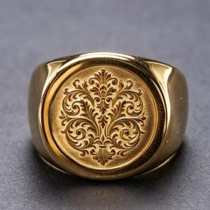 May include: A gold-toned signet ring featuring a circular face with an intricate, symmetrical floral filigree engraving. The polished metal band transitions into a wider, flat circular top, showcasing a detailed, recessed botanical pattern.