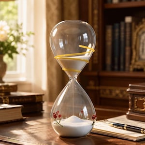 May include: A clear glass hourglass filled with white sand. The top bulb features a yellow spiral glass accent, while the bottom bulb is decorated with small red berry-like glass details. The hourglass is positioned upright on a flat surface.