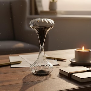 May include: A clear glass hourglass with black sand inside, sitting on a wooden table. A lit candle in a white cup, a notebook, and a pen are also on the table. The hourglass has a bulbous top and bottom with a slender neck.