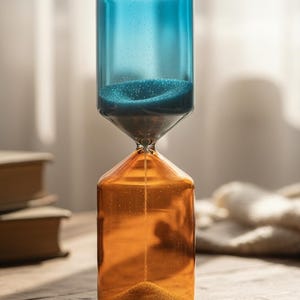 Timglas i två färger i glas, kreativt timglas, barnpresent, födelsedagspresent, modern konstskulptur i glas, heminredning