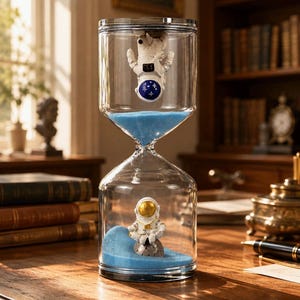 Puede incluir: Un reloj de arena de cristal transparente con arena azul brillante. En la cámara superior, una figura de astronauta blanco con casco azul flota boca abajo. En la cámara inferior, un astronauta blanco con casco dorado está sentado sobre una roca lunar gris.