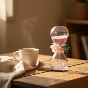 May include: A clear glass hourglass with pink sand, adorned with pink and blue flowers, sits on a wooden table next to a steaming white ceramic mug. A white cloth is draped beneath the mug, creating a cozy, warm scene.
