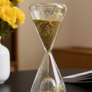 Può includere: Clessidra in vetro trasparente con sabbia dorata e glitter neri. La clessidra ha una forma classica con una parte superiore e inferiore ampia, collegata da un collo stretto. La sabbia scorre dalla camera superiore a quella inferiore. Arredamento decorativo per la casa.
