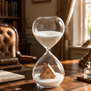 May include: A clear glass hourglass containing white sand, with a miniature wooden house model placed inside the bottom bulb. The hourglass features a rounded top and base, with the sand flowing around the small structure, creating a visual contrast.