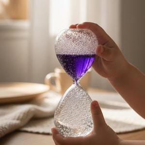 Puede incluir: Un reloj de arena de vidrio transparente con un líquido púrpura en la bombilla superior. El reloj de arena está sostenido por una persona. El reloj de arena está lleno de pequeñas burbujas. El fondo está borroso, con una mesa de madera y un paño beige.