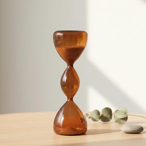 May include: A brown glass hourglass with a unique, elongated shape. The hourglass is filled with a lighter brown sand and sits on a light-colored wooden surface. A small, smooth stone and a sprig of greenery are also on the table.