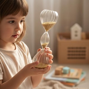 Puede incluir: Un reloj de arena de cristal transparente con una sustancia similar a la arena en su interior. El reloj de arena tiene forma bulbosa con estrías verticales. El producto es sostenido por una persona. El fondo está borroso, con una paleta de colores neutros.