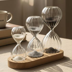 Könnte beinhalten: Drei klare Glas-Sanduhren mit unterschiedlich farbigem Sand auf einem Holzsockel. Die Sanduhren sind unterschiedlich groß, mit weißem, grauem und schwarzem Sand im Inneren. Das gerippte Glasdesign verleiht diesen Zeitmessgeräten eine dekorative Note.