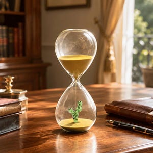 May include: A clear glass hourglass containing golden sand that flows from the top bulb to the bottom bulb. Inside the bottom bulb, a small green glass cactus figure stands upright in the center of the accumulated golden sand.