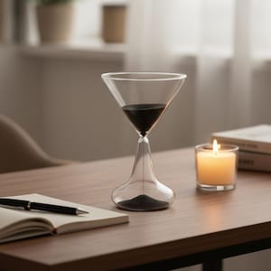 Peut inclure: Un sablier en verre transparent en forme de verre à martini, rempli de sable noir. Il est posé sur une table en bois avec une bougie allumée et un carnet. La table est en bois avec un cadre en métal noir.