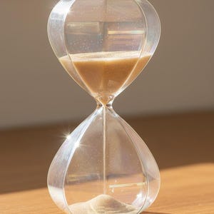 Peut inclure: Sablier transparent avec une finition nacrée. Le sablier est rempli de sable beige, le sable s'écoulant de la chambre supérieure vers le bas. Le sablier est posé sur une surface en bois. C'est un objet décoratif pour mesurer le temps.