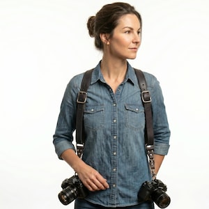 May include: A dark brown leather camera harness with metal buckles is worn over a denim shirt. Two black cameras are attached to the harness. The background is white.