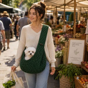 May include: A dark green crochet pet sling bag featuring a textured diamond pattern and a single wooden toggle closure. A small white dog is nestled inside the sling, which is worn across the body. The bag is made of a thick, woven material.