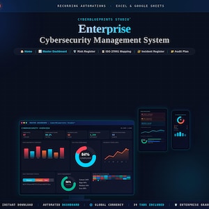 May include: A dark blue graphic with the text "Cyberblueprints Studio" and "Enterprise Cybersecurity Management System." The image displays data visualizations on a computer, tablet, and phone, with the text "Instant Download" and "Enterprise Grade."
