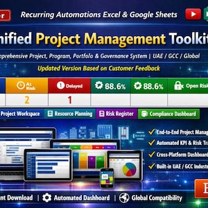 May include: A digital Unified Project Management Toolkit for Excel and Google Sheets featuring a dashboard with project metrics, risk tracking, and status indicators. The interface displays data tables, charts, and navigation buttons for resource planning and compliance.
