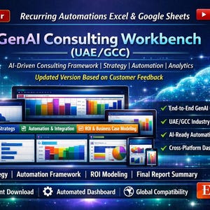 Può includere: Una grafica di prodotto digitale intitolata GenAI Consulting Workbench (UAE/GCC) che mostra diversi schermi con grafici di dati, istogrammi e diagrammi a torta su uno sfondo blu scuro con effetti di luce luminosi.