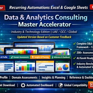 Może przedstawiać: Cyfrowa grafika produktu zatytułowana Data & Analytics Consulting Master Accelerator dla programów Excel i Google Sheets. Zawiera wiele ekranów z kolorowymi wykresami danych, pulpitami nawigacyjnymi i zautomatyzowanymi kartami wyników na ciemnoniebieskim tle.
