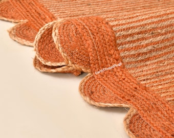 Tappeto in juta arancione con bordo smerlato, fibra naturale - Tappeto fatto a mano, personalizzabile in qualsiasi dimensione e colore