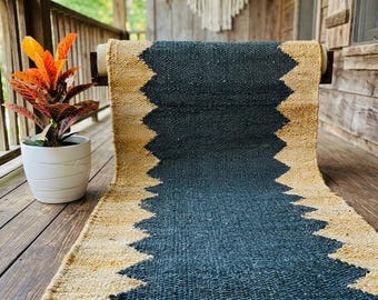 Tappeto in juta e canapa fatto a mano: passatoia imbottita su entrambi i lati in canapa nera naturale / Boho, decorazione boho vintage per scale, ingresso Dhurrie