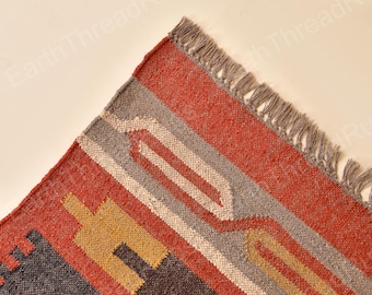 Tappeto Navajo fatto a mano in lana e iuta: tappeto Kilim per scale, pieghevole su entrambi i lati, per la casa / Dimensioni personalizzate, design tradizionale indiano /