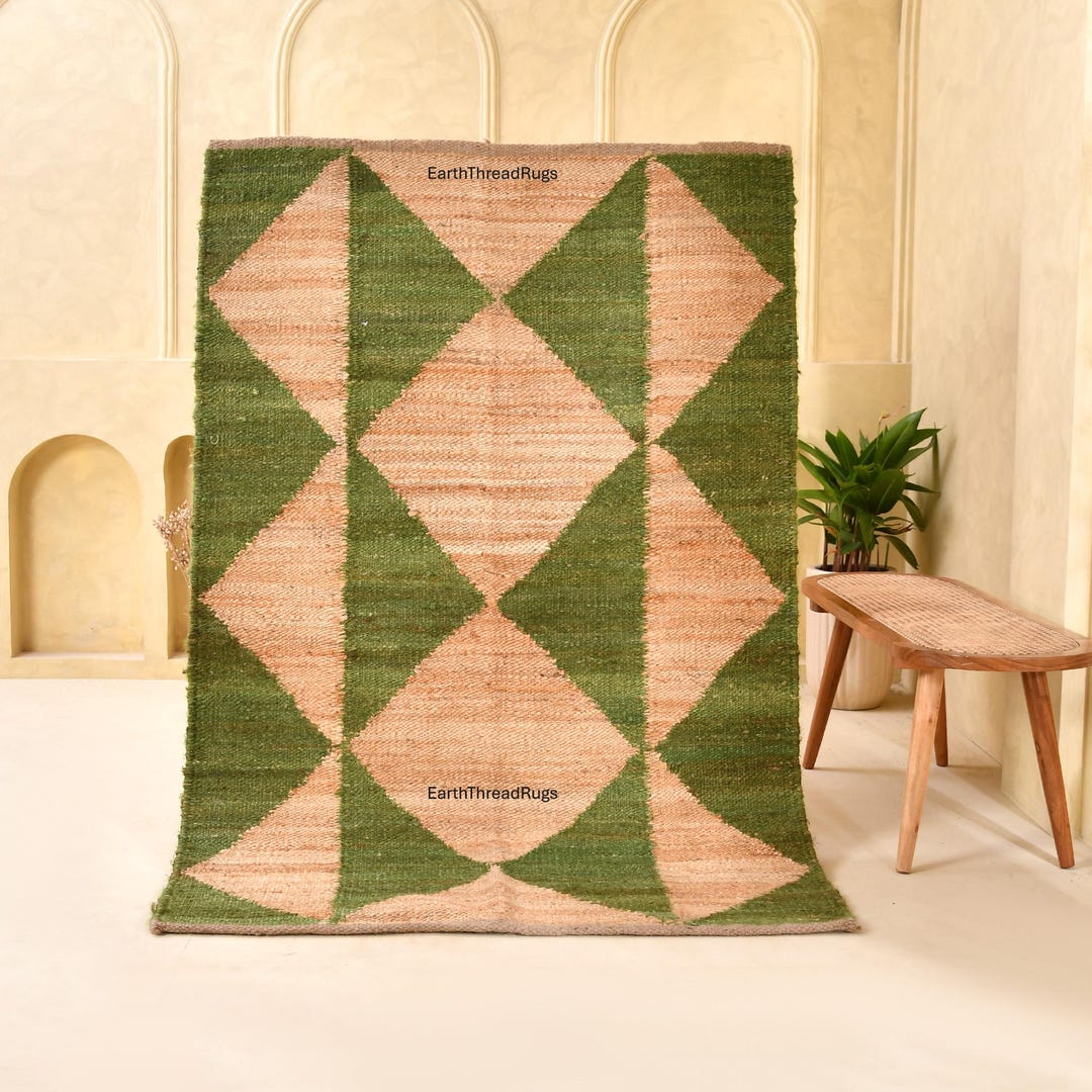 Heart Green Jute Rug Handwoven Green Jute Rug, Geometric Area Rug, Modern Farmhouse Rug ...