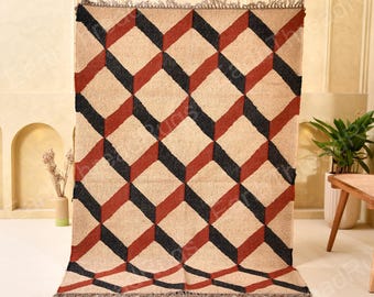 Wavy Pattern Geometric Design Navajo Stair Runner : Wool Jute Kilim Rug And Runners | Tribal Flatweave Carpet, Handmade Indian Dhurrie Rug |