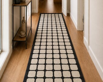 Handmade 3x12 -3x18 - 5x8- 9x12 - 8x10 Ft Black Colour Box Pattern Home , Hallway, Enterway , livingroom Decor Wool Jute Kilim Runner Runner