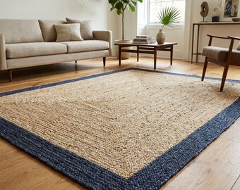 Handmade Natural Black Border Hallway - Home Decor Large Braided Jute Rug : Livingroom , Enterway - Eco Friendly Area Rug- Custom Size Rug