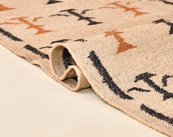 Natural Turkish Geometric Foot Runner :  Wool And Jute Handmade Kilim Rugs & Runners | Navajo Area 8x10 , 9x10 Etc.  Custom Size |