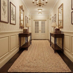 May include: A long hallway featuring a woven jute runner rug on dark wood floors, flanked by two matching dark wood console tables, each topped with a lamp, books, and a mirror. The walls have cream wainscoting and framed botanical prints.
