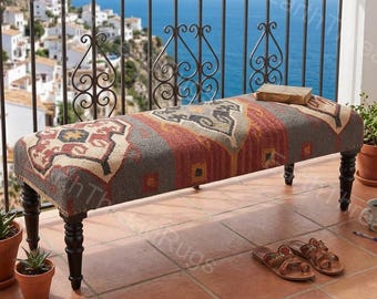 Panca Kilim, pouf in lana e iuta fatto a mano con struttura in legno, mobile in stile tappeto turco vintage per ingresso, soggiorno e sala da pranzo.