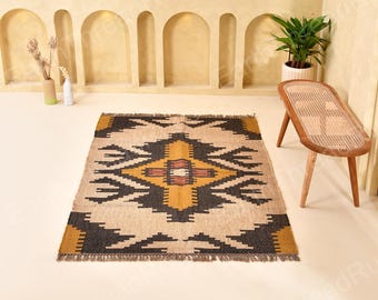 Handwoven Wool Jute Kilim Rug | Boho Tribal Flatweave Area Rug, Southwestern Dhurrie Carpet, Custom Size Living Room Rug, Eco Friendly Gift