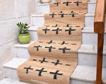 Tappeto passatoia fatto a mano in juta e canapa / Motivo geometrico nero / Disponibile in misure personalizzate / Tappeto per interni sostenibile, tappeto moderno organico