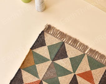 Tappeto Kilim in lana e iuta tessuto a mano: grande tappeto geometrico boho - Dhurrie tradizionale multicolore Navojo