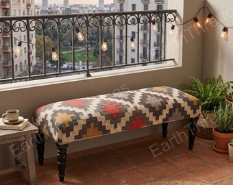 Seduta e panca/tavolino da tè in legno di iuta e lana, realizzata a mano, con kilim turco/pouf/struttura in legno massello di teak/stile boho