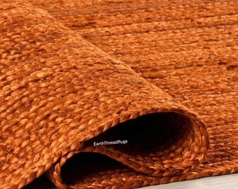 Tappeto in juta arancione naturale tessuto a mano: decorazione geometrica in stile scandinavo, dimensioni personalizzate disponibili, tappeto boho, tappeto intrecciato arancione,