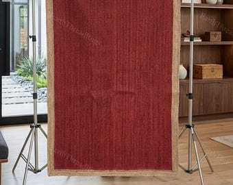 Handmade 5x8 Ft Natural Border Hallway - Home Decor Red Colour Large Braided Jute Rug : Livingroom , Enterway - Eco Friendly Area Jute Rug