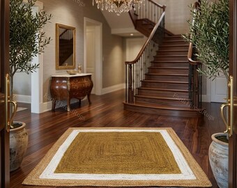 Custom Rug : Jute HandWoven Jute Rug | Vintage Area Rug | Cool Rugs | House Warming Gifts | Black Border Dhurrie