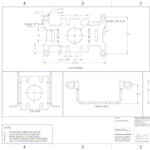 Puede incluir: Dibujo técnico de un soporte metálico con múltiples vistas, incluyendo isométrica, superior, frontal, lateral y patrón plano. Las dimensiones están en pulgadas, con medidas y anotaciones detalladas. El material es acero calibre 14.