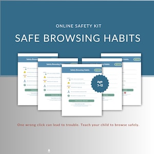 May include: An online safety kit titled "SAFE BROWSING HABITS" with several informational cards. The cards display safety tips, including warnings about unknown links and pop-ups. The kit is designed for children aged 7-12.